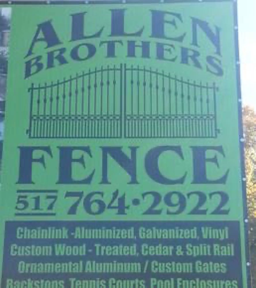Allen Brothers Fence sign listing chain link, vinyl, custom wood, aluminum and custom gates